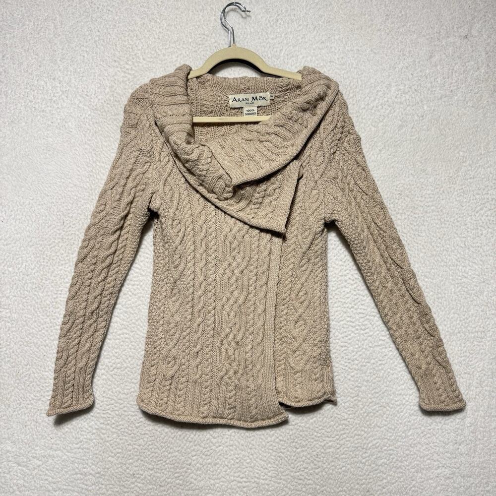 Aran Mor Ireland Small Beige Cable Knit Merino Wool Sweater